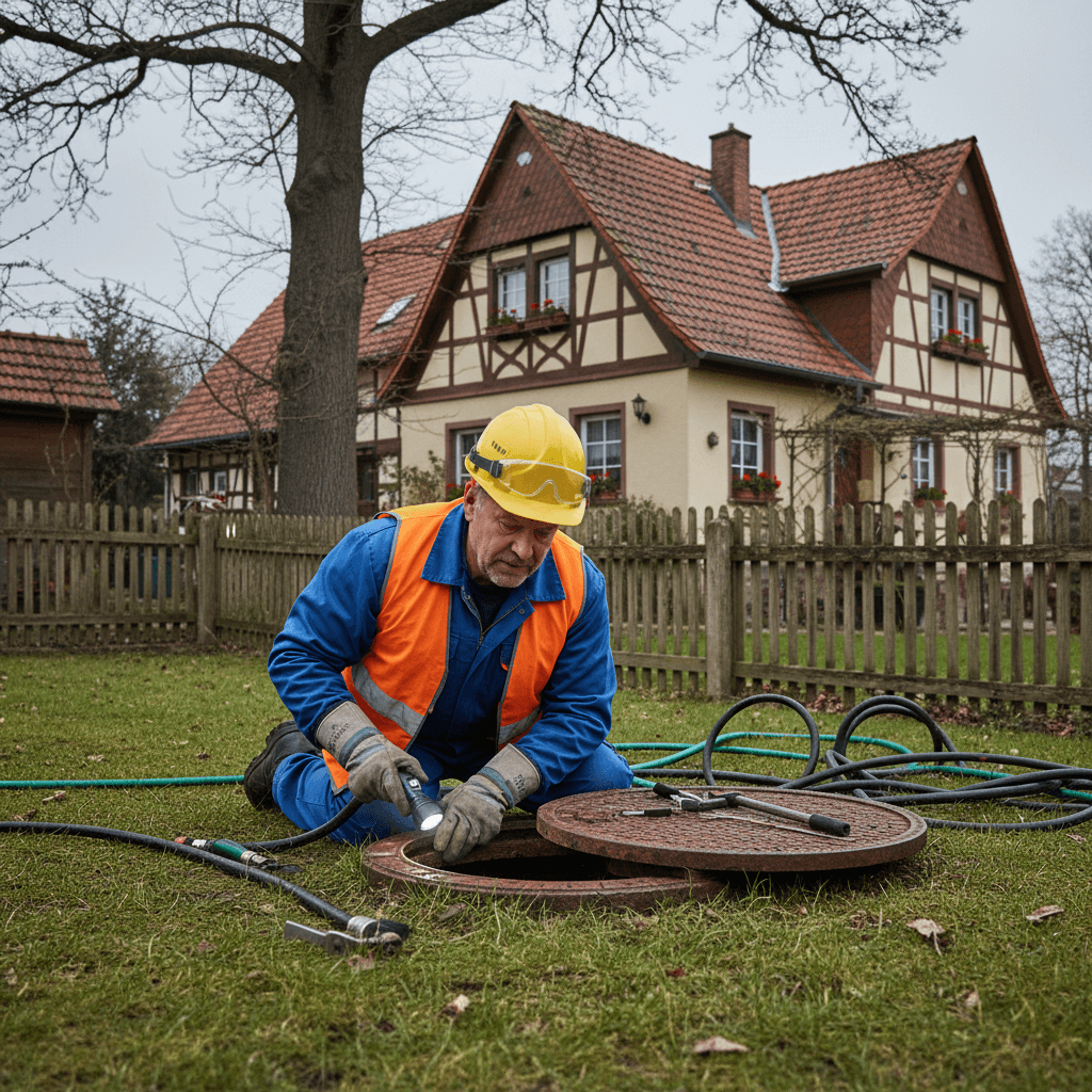 Geöffneter Kontrollschacht im Garten, neben dem Schacht liegt eine Inspektionskamera mit Kabeltrommel