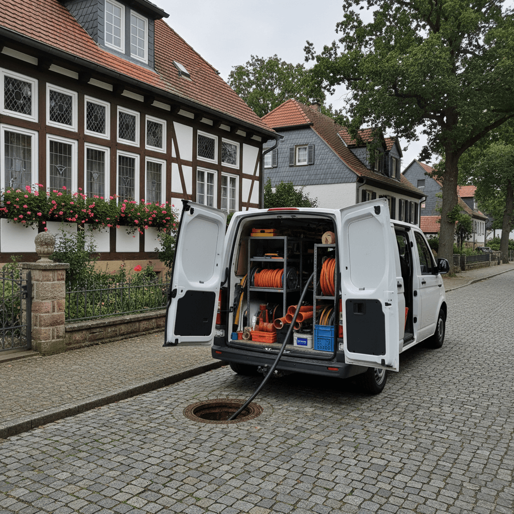 Monteur in Arbeitskleidung steht neben einem Service-Transporter und trägt eine Reinigungsspirale vor einem Wohnhaus