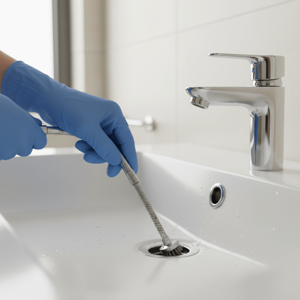 Kleines Badezimmer, Monteur kniet vor dem Waschbecken und führt eine Spirale in den Abfluss ein